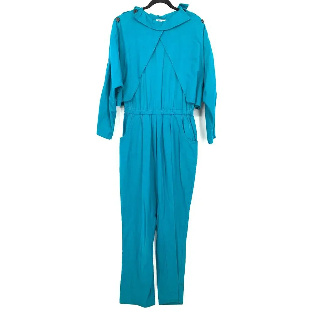 Vintage 80s Malouf Jumpsuit Womens Sz Medium Blue Button Detail Sleeves Cotton - Picture 2 of 10